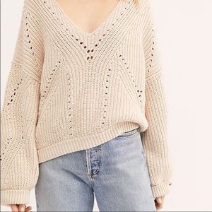 Free People All Day Long V Neck Sweater in Pearl